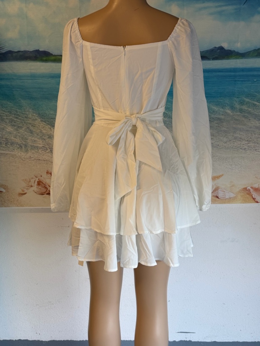 White Long-Sleeve Square Neck Mini Dress - Picture 2 of 5